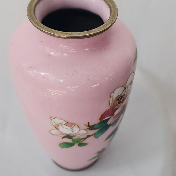 Vintage Pink Floral Cloissone Enamel Vase MCM Japan Coquette - Picture 5 of 12